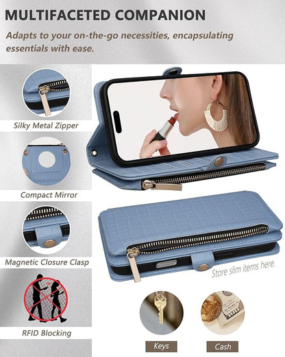 Crossbody Wallet Case for iPhone 16 Pro with Mirror, Wrist Strap, Zipper Purse Magnetic Flip RFID Blocking Card Holder, Wireless Charging, PU Leather Shockproof 6.3" Women (Blue)
