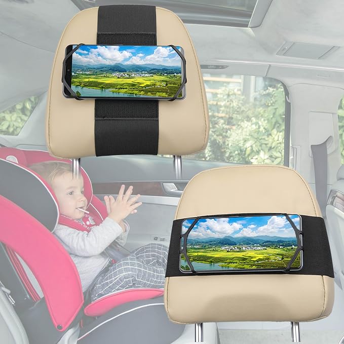2 Pack Car Headrest Phone Mount Holder Fits All 3.5-7 Inch Cell Phone and Devices Silicone Car Phone Mount Holder for Kids in Back Seats - Black (Black 2 Pack)