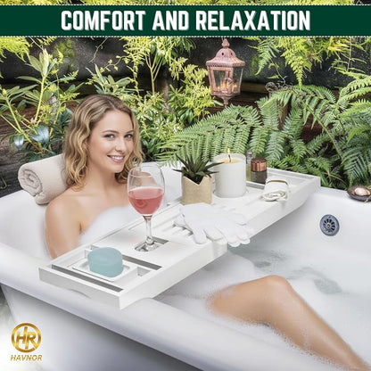 Bamboo Bathtub Caddy Tray Expandable & Foldable Bath Shelf with Book, Tablet & Wine Holder Adjustable Wooden Bath Tray for Relaxing Spa at Home – Fits Most Tub Sizes.