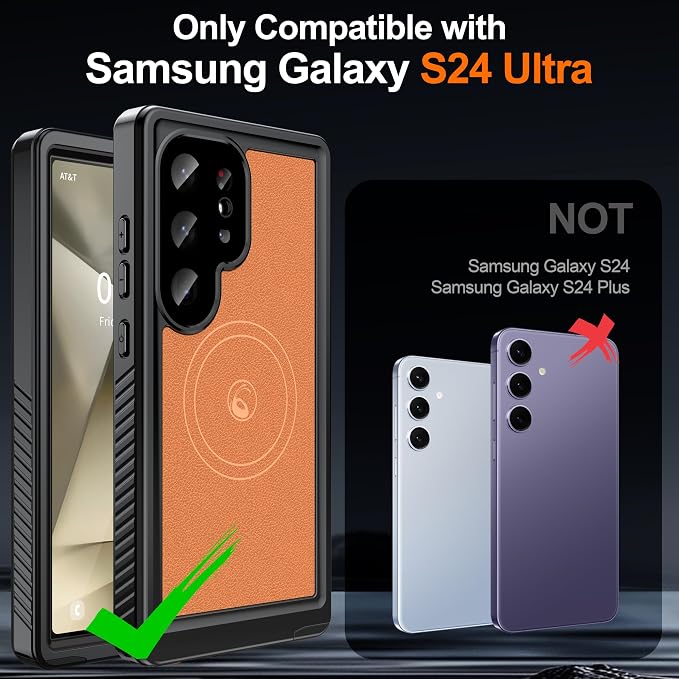GOLDJU 2025 New Designed for S24 Ultra Leather Case Waterproof, [Built-in Screen Protector, ][Compatible with MagSafe] Full Body Shockproof Protective Cover for Samsung Galaxy S24 Ultra 6.8'' - Brown