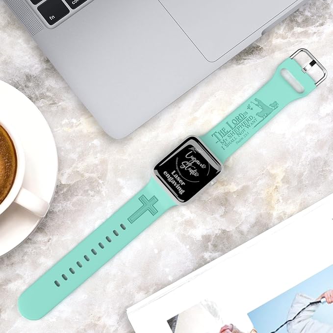 The LORD is my Shepherd Watch Band compatible with Apple Watch Laser Engraved iWatch Band Silicone 38mm 40mm 41mm 42mm 44mm 45mm 49mm Strap Jesus Psalm Christian God (42/44/45/49mm S/M, Beryl)