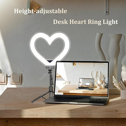 Heart Ring Light, 13" Desk Ring Light with Extendable Selfie Stick Stand for Laptop Video Conference Lighting with Phone Holder Height Adjustable 47 Color Modes for Live Stream/Makeup Compatible