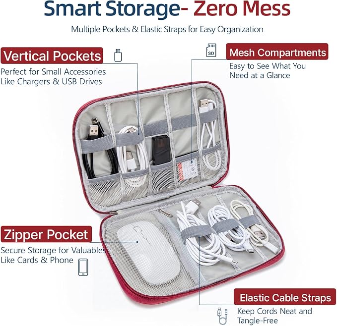 Cord Organizer Travel Case, Cable Organizer Bag for Chargers, USB Cables, Power Bank & Electronics Accessories, Portable Tech Organizer Pouch with Mesh Pockets, Water Resistant Travel Gear Bag