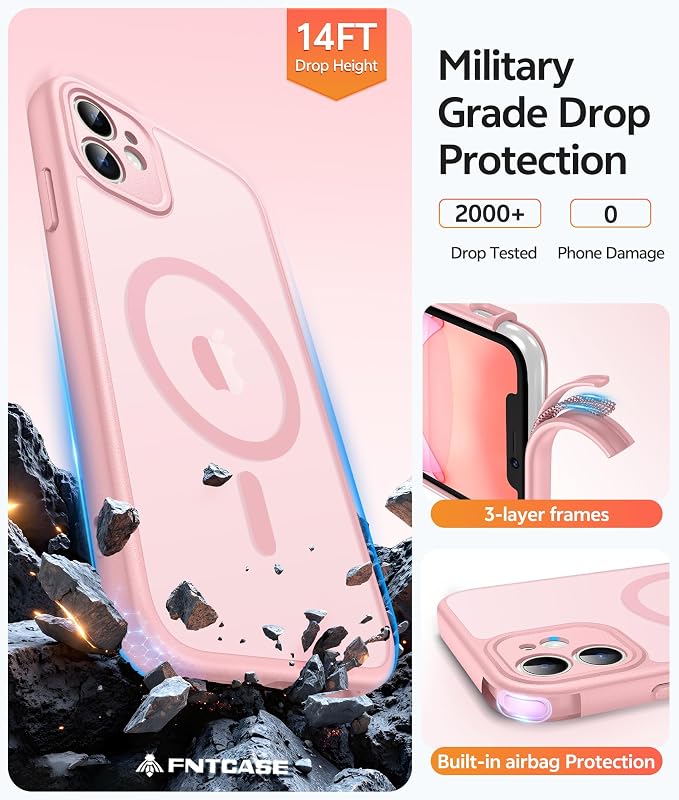 FNTCASE for iPhone 11 Case: [Compatible with Magsafe] Translucent Matte Magnetic Cases [Full Camera Protection] Military Grade Shockproof Protective Phone Cover - Light Pink