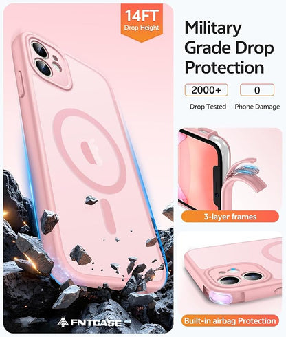FNTCASE for iPhone 11 Case: [Compatible with Magsafe] Translucent Matte Magnetic Cases [Full Camera Protection] Military Grade Shockproof Protective Phone Cover - Light Pink