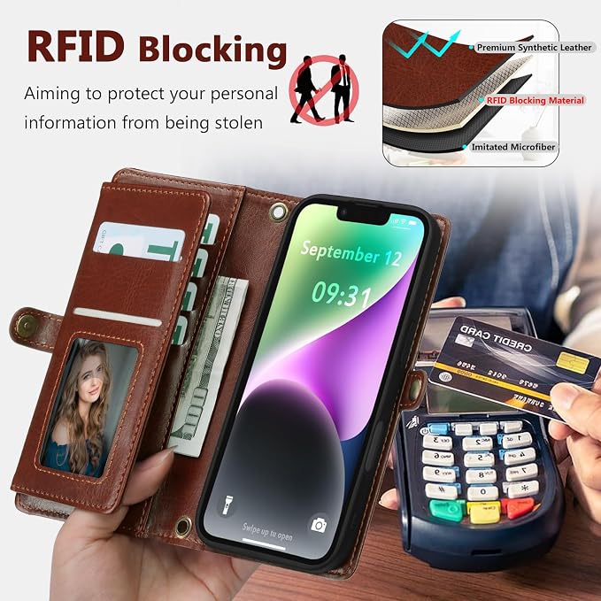 Wallet Case for iPhone 14 with Card Holder/Crossbody Wallet/Strap| RFID Blocking | Magnetic | Kickstand | Detachable | PU Leather Phone Case for iPhone 14,6.1 in,Brown