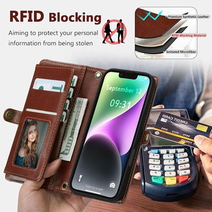 Wallet Case for iPhone 14 with Card Holder/Crossbody Wallet/Strap| RFID Blocking | Magnetic | Kickstand | Detachable | PU Leather Phone Case for iPhone 14,6.1 in,Brown