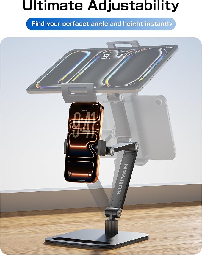 Tablet Stand Holder for iPad, Portable Monitor Stand Holder 15.6'',16'', Aluminum Alloy Foldable Arm Mount with 360° Swivel Desk Mount Compatible with 4.7-16inch Tablet, Cell Phone (Black)