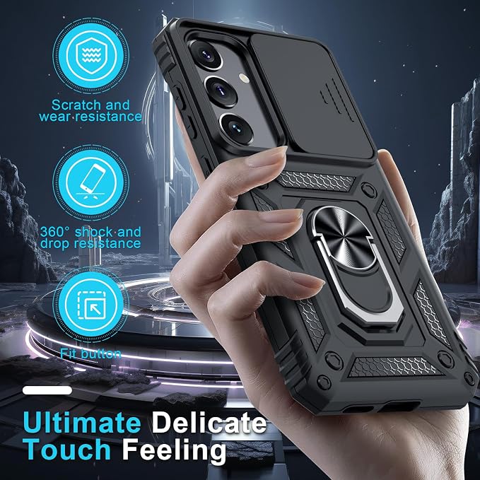 Janmitta Compatible with Samsung Galaxy S25 Plus/S24 Plus Case Built in Slide Camera Lens Cover+Screen Protector+Finger Ring Holder Kickstand,Heavy Duty Shockproof Full Body Phone Cover,Black