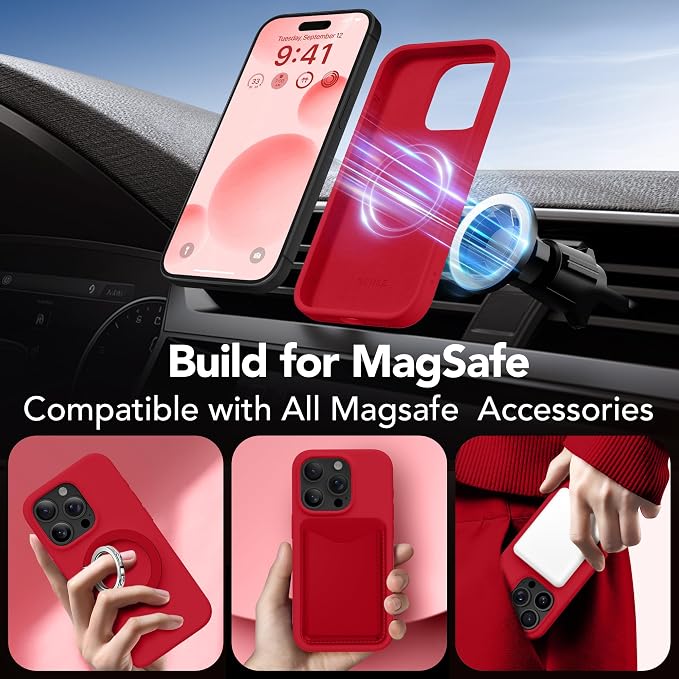 GONEZ Magnetic for iPhone 15 Pro Case, Compatible with MagSafe, [Screen Protector + Camera Lens Protector], Silicone Shockproof Anti-Scratch Protective Phone Case 6.1 inch, Red