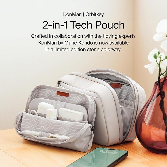 Orbitkey KonMari 2-in-1 Tech Accessory Pouch - Stone | KonMari Collection | Detachable Slim Sleeve | Organized Tech Storage | Travel Ready