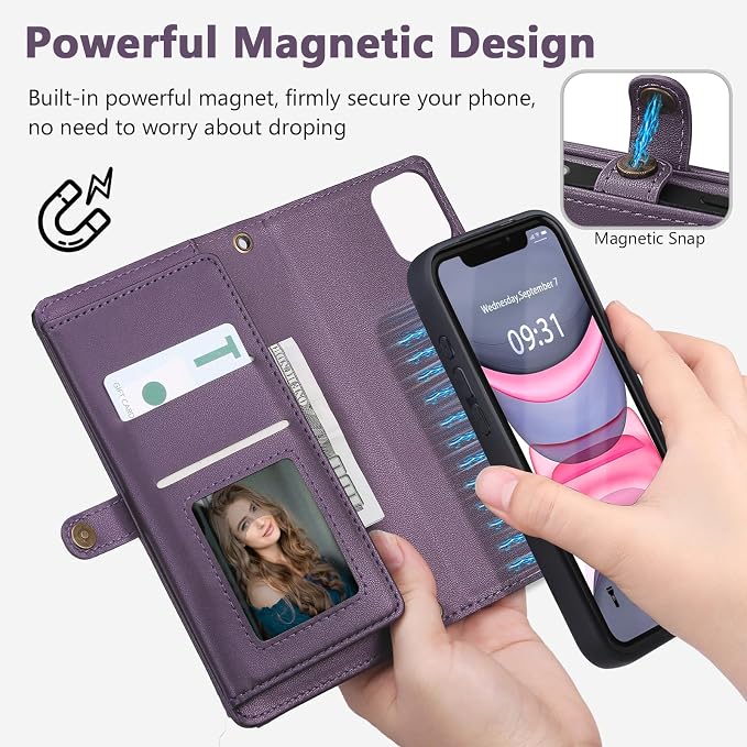Wallet Case for iPhone 11 with Card Holder/Crossbody Wallet/Strap| RFID Blocking | Magnetic | Kickstand | Detachable | PU Leather Phone Case for iPhone 11,6.1 in,Purple