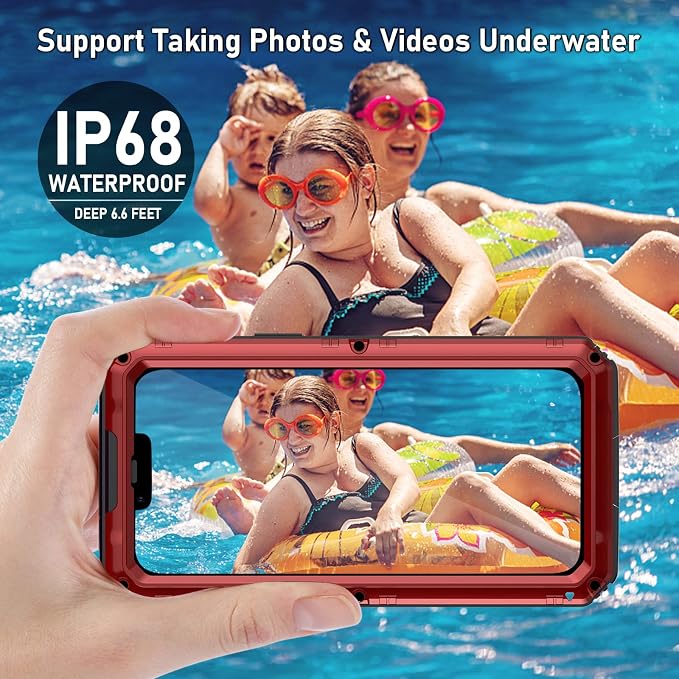 Beasyjoy for iPhone 13 Case Waterproof, Metal Phone Case with Built-in Screen Protector, Heavy Duty Full Body Protective Military Grade Shockproof Rugged Defender Cover 6.1 Inch, Red