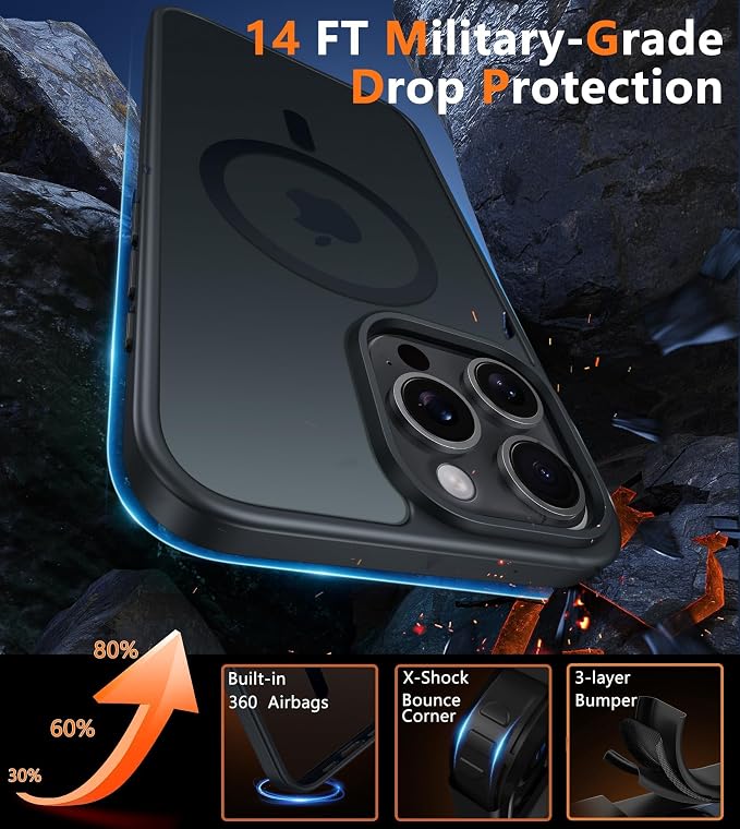 FNTCASE for iPhone 16 Pro-Max Case: [Compatible with Magsafe] Translucent Matte Magnetic Phone Cover - Military Grade Drop Protection Shockproof Protective Cases - Black