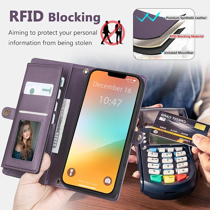 Wallet Case for iPhone 13 Pro with Card Holder/Crossbody Wallet/Strap| RFID Blocking | Magnetic | Kickstand | Detachable | PU Leather Phone Case for iPhone 13 Pro,6.1 in,Purple