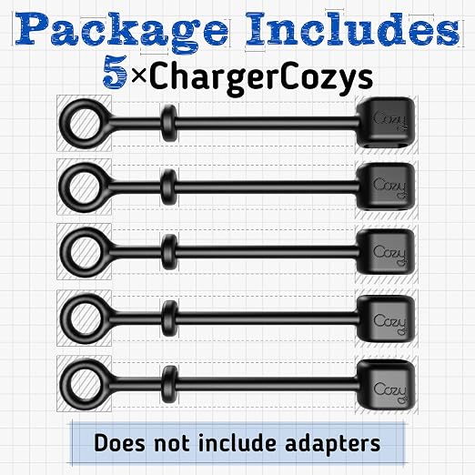 Cozy Charging Cable Keeper Adapter Tether Holder Compatible with Apple Pencil USB-C Micro USB, Keychain, Car, Travel, Black, 5-Pack