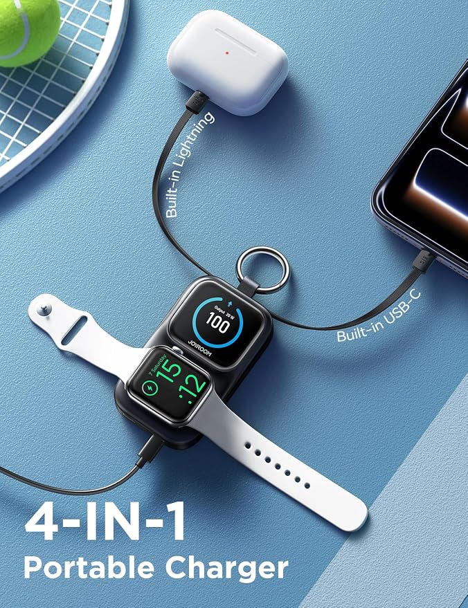 JOYROOM Portable Charger for Apple Watch, 5000mAh Power Bank 20W PD Fast Charging Dual Built-in Cables &4 Outputs, Compact Travel Keychain Battery Pack for iPhone 17/16/15/14/13& Apple Watch, Black