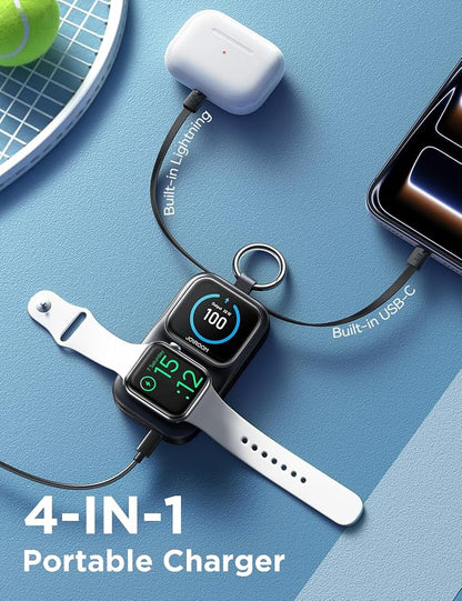 JOYROOM Portable Charger for Apple Watch, 5000mAh Power Bank 20W PD Fast Charging Dual Built-in Cables &4 Outputs, Compact Travel Keychain Battery Pack for iPhone 17/16/15/14/13& Apple Watch, Black