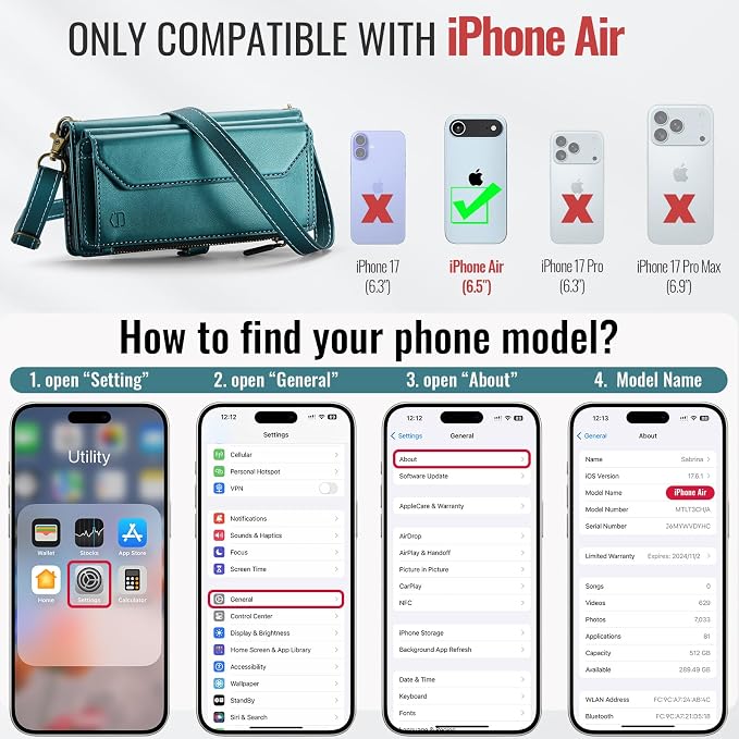 Strapurs Wallet Case Compatible with iPhone Air 6.5" RFID Blocking 10-Card Holder Soft PU Leather Magnetic Snap Shoulder Strap Zipper Pocket Phone Case Fit for iPhone 17 Air for Women - Blue Green