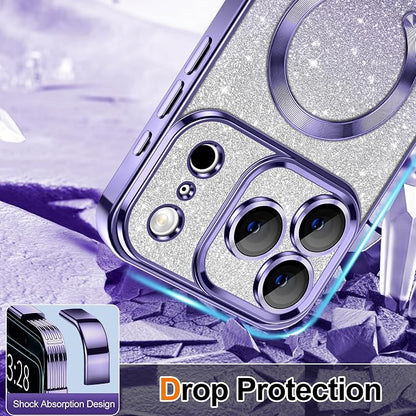 Hython for iPhone 17 Pro Case Glitter Clear Magnetic Phone Cases [Compatible with MagSafe] Full Camera Lens Protector Sparkle Luxury Plating Slim Shockproof Protective Cover, Gradient Light Purple