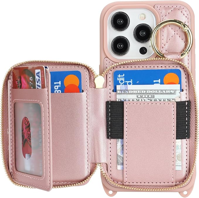 Crossbody Wallet Case for iPhone 14 Pro, PU Leather Zipper Handbag Purse Flip Cover, Kickstand Folio Case with Card Slots Holder Wrist Strap Lanyard 5G 6.1 Inch-Rose Gold