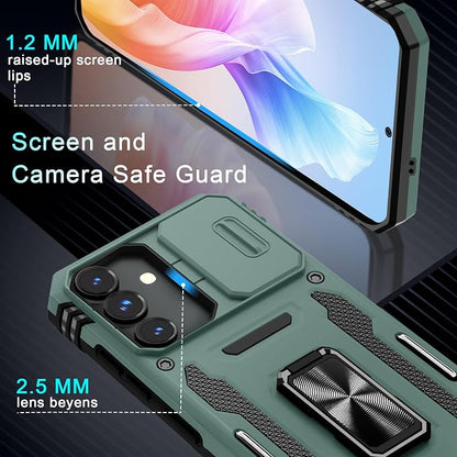 DEERLAMN Case for Samsung Galaxy S24 FE 6.7-Inch with Slide Camera Cover+Screen Protector(1 Pack), Rotated Ring Kickstand Military Grade Shockproof Protective Cover-Green