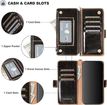Antsturdy Compatible with iPhone 15 Wallet Case Card Holder【RFID Blocking】 PU Leather Phone Case Women Men flip Protective Cover Wrist Strap Zipper Credit Card Slots,for Apple 15 6.1",(Coffee)