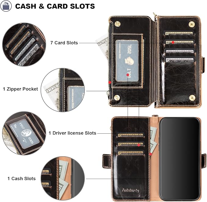 Antsturdy Compatible with iPhone 12 mini Wallet Case,RFID Blocking PU Leather Phone Case Women Men Kickstand Flip Cover Wrist Strap Zipper Credit Card Holder Slots,for Apple 12 mini,Coffee