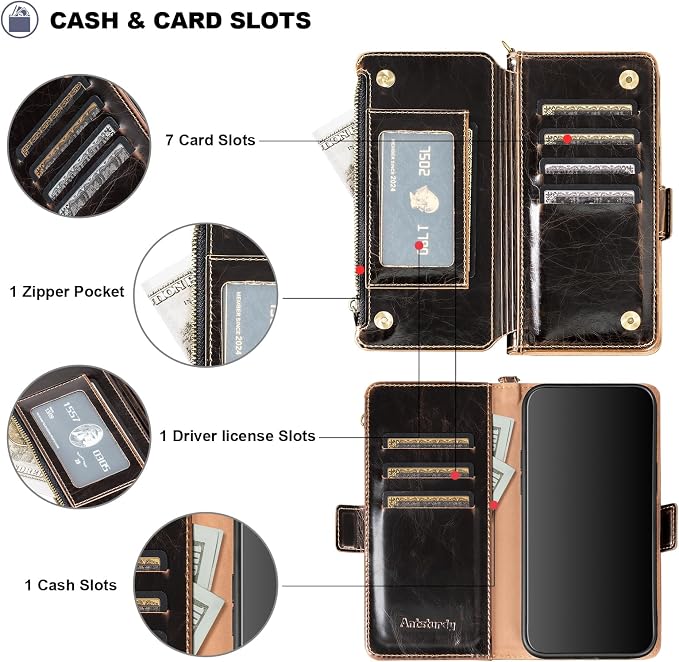 Antsturdy Compatible with iPhone 14 Wallet Case RFID Blocking,PU Leather Phone Case Women Men Flip Shockproof Cover with Wrist Strap Zipper Pocket Credit Card Holder Slots,for Apple 14 6.1"(Coffee)