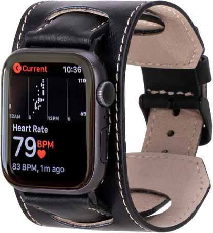HARDISTON Cuff Watch Band Compatible with Apple 45mm for Men & Women, Handmade Genuine Leather, Compatible with iWatch Series 11 10 9 8 7 6 5 4 3 2 1 SE Ultra, Wrist Bracelet Band, Large/Band-Black
