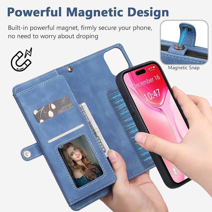 Wallet Case for iPhone 15 Plus with Card Holder/Crossbody Wallet/Strap| RFID Blocking | Magnetic | Kickstand | Detachable | PU Leather Phone Case for iPhone 15 Plus,6.7 in,Sky Blue