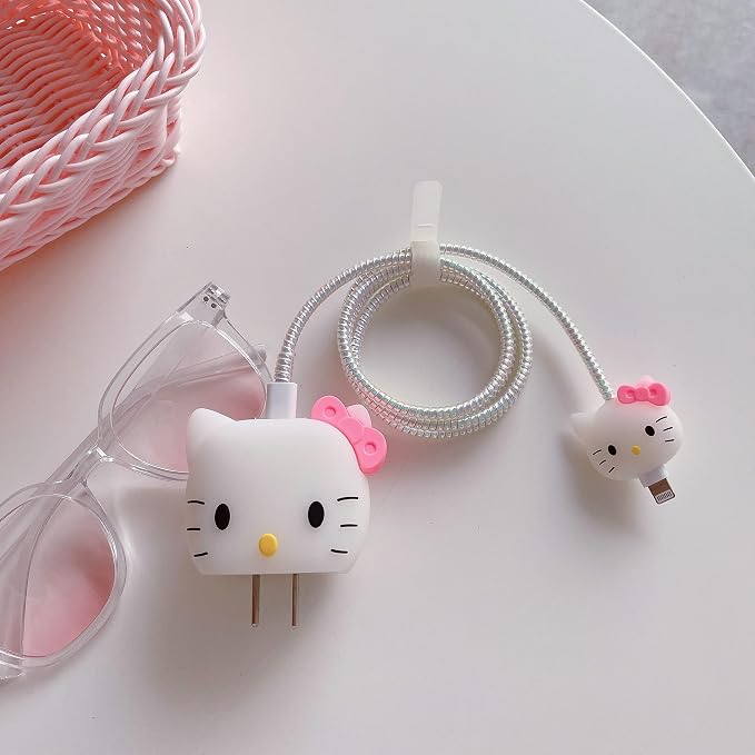 3D Cute Cartoon Wall Charger Protector Case - Compatible for Apple 20W USB-C Power Adapter and Lightning Cable No.01(4in1)