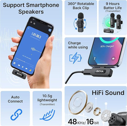 BOYA by-V2 Wireless Microphones for iPhone iPad with MFi Certified Lightning Port, 328ft Range, 9H Battery Life, Noise Reduction Mini Mic Clip on Lapel Microphone Wireless for Video Recroding