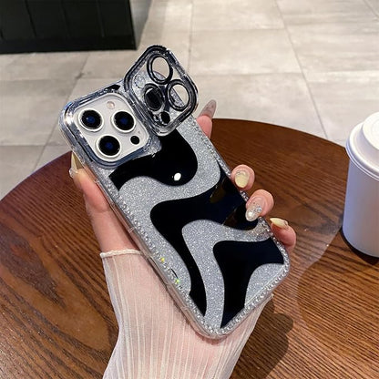 for iPhone 16 pro max Case Glitter Camera Lens Protector Phone Case for Women Girls Aesthetic Design TPU Shockproof Protective Case (Wavy)