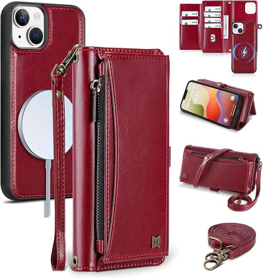 Wallet Case for iPhone 14 Plus with Card Holder/Crossbody Wallet/Strap| RFID Blocking | Magnetic | Kickstand | Detachable | PU Leather Phone Case for iPhone 14 Plus,6.7 in,Wine Red