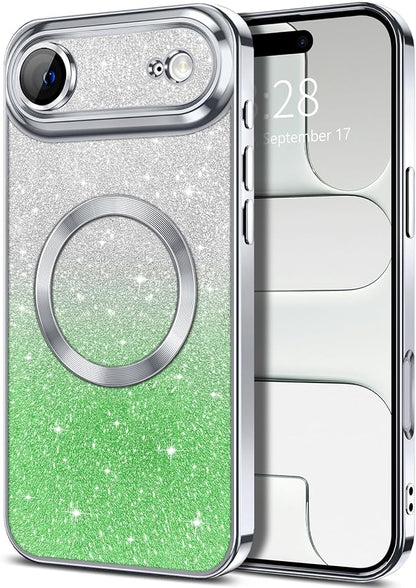 Hython for iPhone Air Case Glitter Clear Magnetic Phone Cases [Compatible with MagSafe] Full Camera Lens Protector Sparkle Luxury Plating Slim Shockproof Protective Cover Women, Gradient Silver