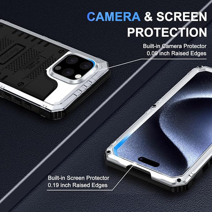 Beasyjoy for iPhone 15 Pro Max Case Waterproof, Metal Heavy Duty Full Body Protective Case with Built-in Screen Protector, Military Grade Shockproof Defender Case for iPhone 15 Pro Max 6.7", Silver