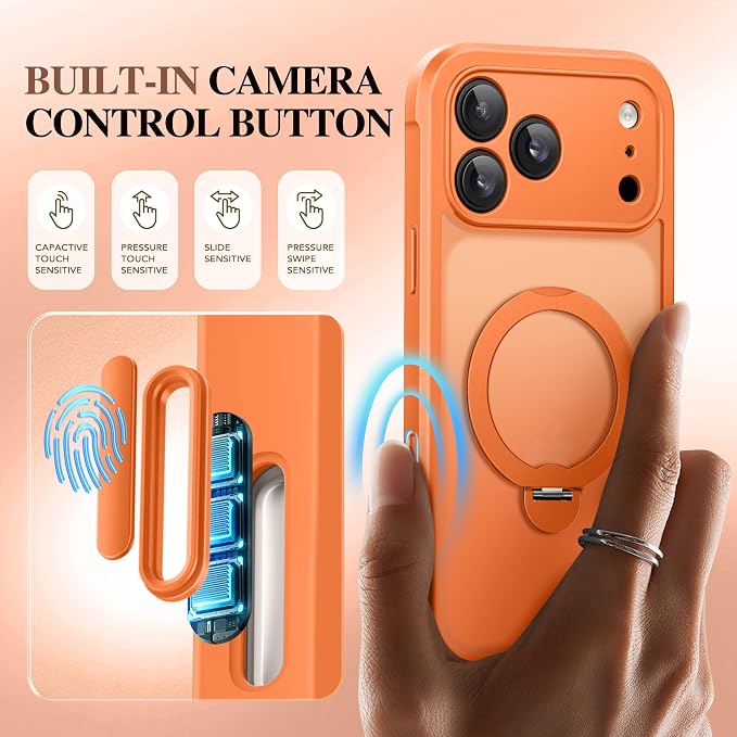BERFY for iPhone 17 Pro Case, Compatible with MagSafe, Built in Privacy Screen Protector, Shockproof Full Body Phone Case for 17 Pro with Magnetic Stand, Translucent Orange