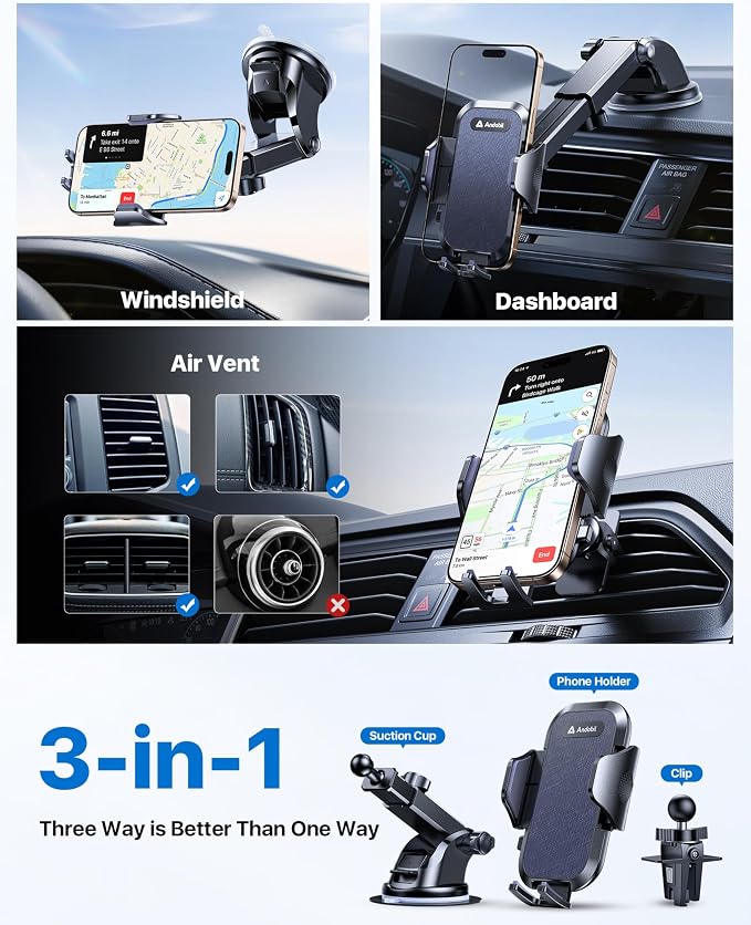 andobil Car Phone Holder Mount (Strong Suction&Bumpy Road Stable) Phone Holders for Your Car, Cell Phone Car Mount for Windshield Dash Vent Truck Cradle Stand for iPhone 17 16 15 14 Pro Max, Blue