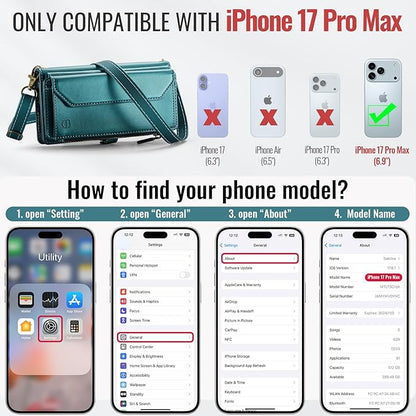 Strapurs Wallet Case Compatible with iPhone 17 Pro Max 6.9" RFID Blocking 10-Card Holder Soft PU Leather Magnetic Snap Shoulder Strap Zipper Pocket Phone Case Fit for iPhone 17 Pro Max - Blue Green