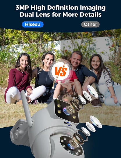 Hiseeu Wireless Security Camera Dual Lens PTZ Outdoor with 128GB SD Card, 2K WiFi-Pro 5G/ 2.4Ghz Surveillance Cameras, Color Night Vision, Plug-in Cable, Works with Wireless System
