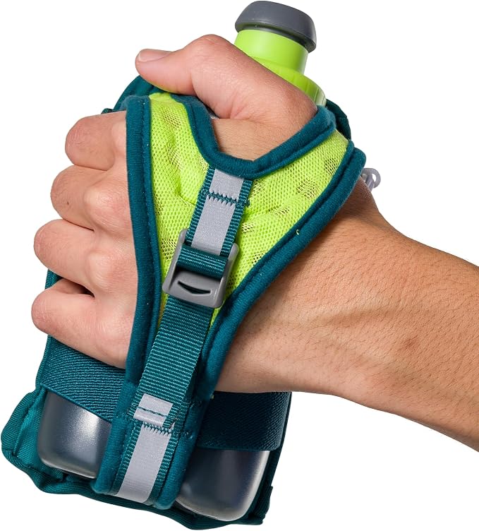 Nathan SpeedDraw 2 Insulated Handheld Running Water Bottle Flask – Double-Wall Insulation, Ergonomic Grip, Blast Valve Cap, Phone & Key Storage Pockets, Reflective Design - 12oz, Deep Teal