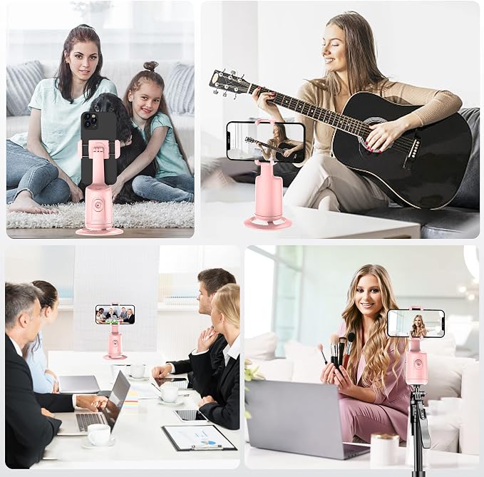 Auto Tracking Phone Holder, Auto Face Tracking Tripod, Portable All-in-one Smart Selfie Stick 360 Rotation Fast Face & Object Tracking Cameraman Robot Mount for Phone Video Vlog Live Streaming(Pink)