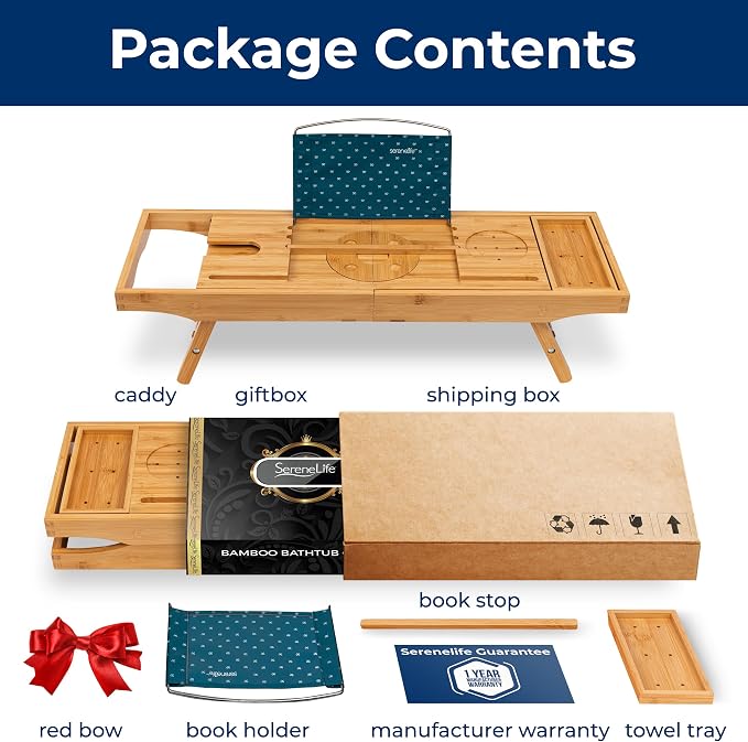 SereneLife 2 in 1 Bed and Bath Tray - Foldable Bamboo Bathtub Caddy with Adjustable Length, Non-Slip, Device Holder, Wine Glass Slot, Expandable for Comfortable Bathing (Folding, Soft Back, Gift Set)