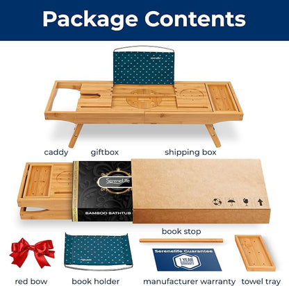 SereneLife 2 in 1 Bed and Bath Tray - Foldable Bamboo Bathtub Caddy with Adjustable Length, Non-Slip, Device Holder, Wine Glass Slot, Expandable for Comfortable Bathing (Folding, Soft Back, Gift Set)