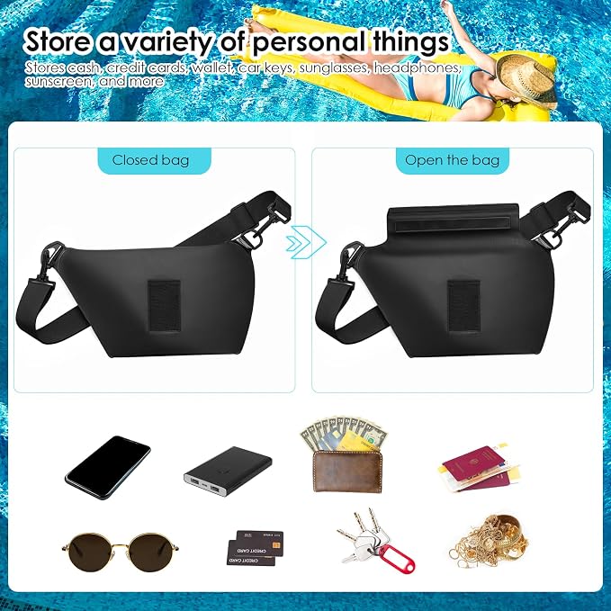 Waterproof Phone Pouch 8.3" & Fanny Pack, Waterproof Phone Case Detachable Lanyard Spring Rope for iPhone 16 15 14 13 Pro Max, IPX8 Cellphone Dry Bag Beach Cruise Ship Essentials Black