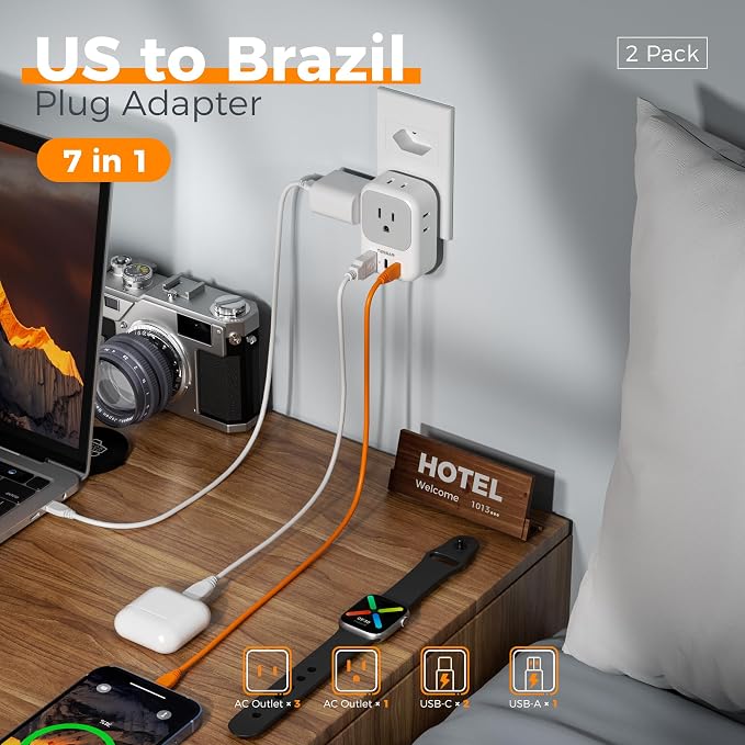 TESSAN US‑Brazil Plug Adapter, Type‑N Adaptor 2‑Pack | 4 Outlets,3 USB Ports (2 USB‑C PD20W), 7‑in‑1 Design