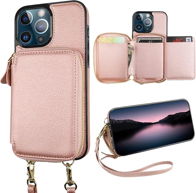 Bocasal RFID Blocking Wallet Case for iPhone 13 Pro, Adjustable Crossbody Zipper Purse Case Card Holder with Kickstand Detachable Wrist Strap, PU Leather Flip Folio Case 6.1 Inch 5G (Rose Gold)