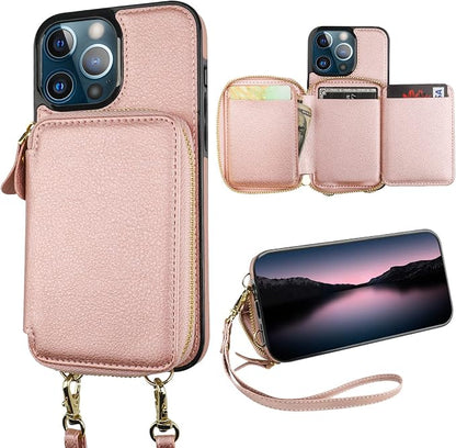 Bocasal RFID Blocking Wallet Case for iPhone 13 Pro, Adjustable Crossbody Zipper Purse Case Card Holder with Kickstand Detachable Wrist Strap, PU Leather Flip Folio Case 6.1 Inch 5G (Rose Gold)