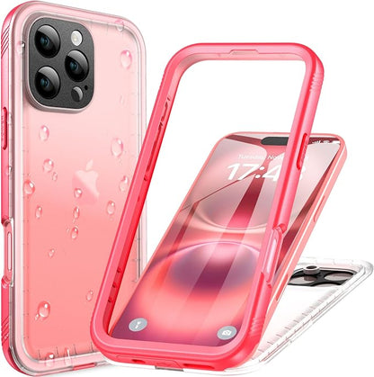 Cozycase for iPhone 16 Pro Case Waterproof - 360 Heavy Duty with Screen/Camera Protector Shockproof IP68 Underwater Dustproof Water Dust Shock Proof Full Body/Front and Back Case Pink/Frosted Clear